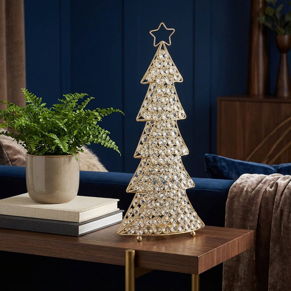 16" Glam Silver And Faux Crystals Christmas Tree Tabletop Sculpture