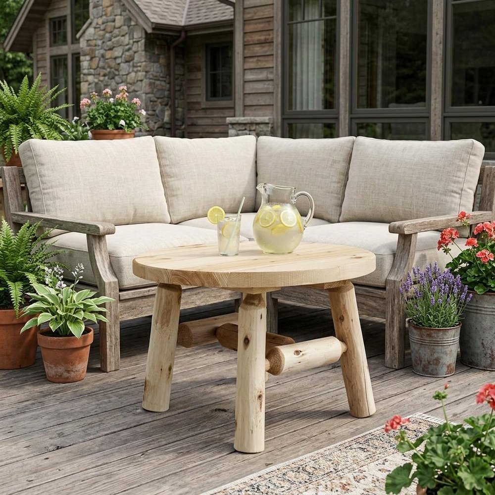25" Natural Rounded Solid Wood Outdoor Coffee Table