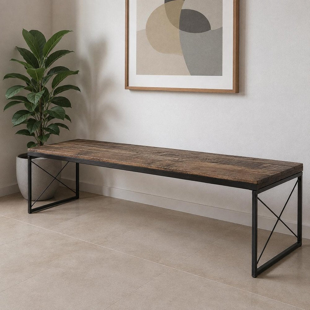 66" Brown And Black Metal and Solid Wood Bench