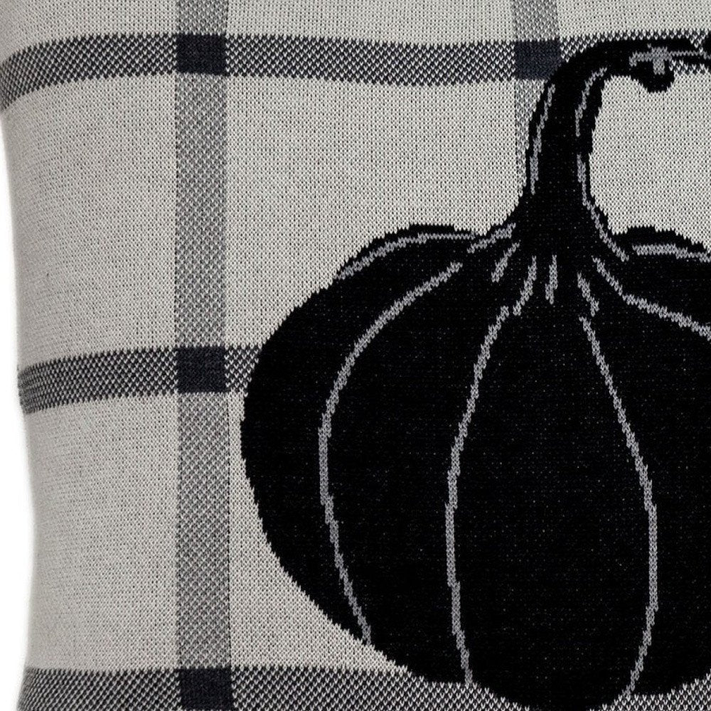 20" Gray And White Pumpkin Plaid Cotton Throw Pillow