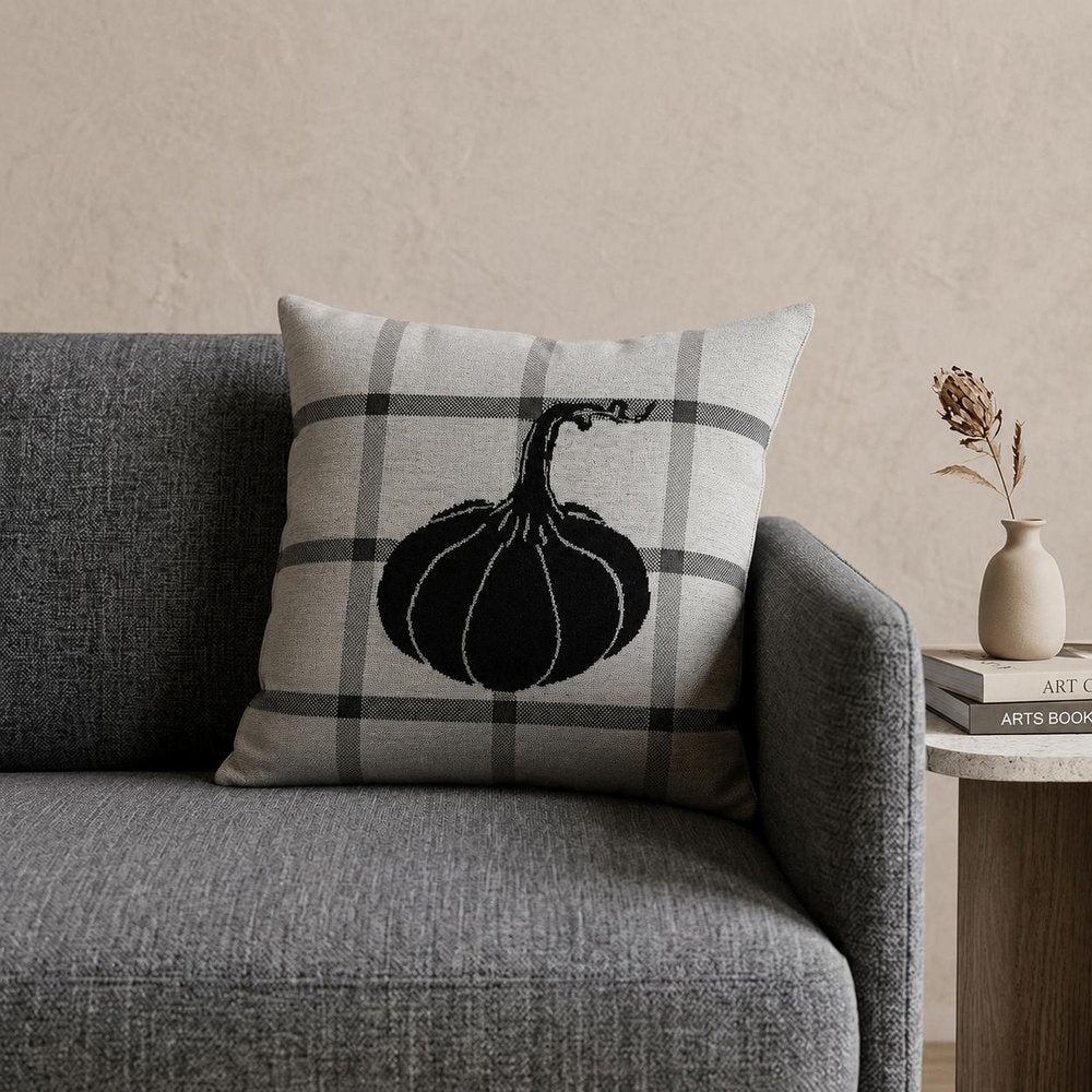 20" Gray And White Pumpkin Plaid Cotton Throw Pillow