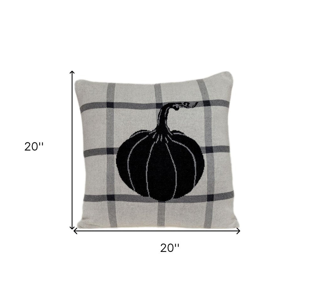 20" Gray And White Pumpkin Plaid Cotton Throw Pillow