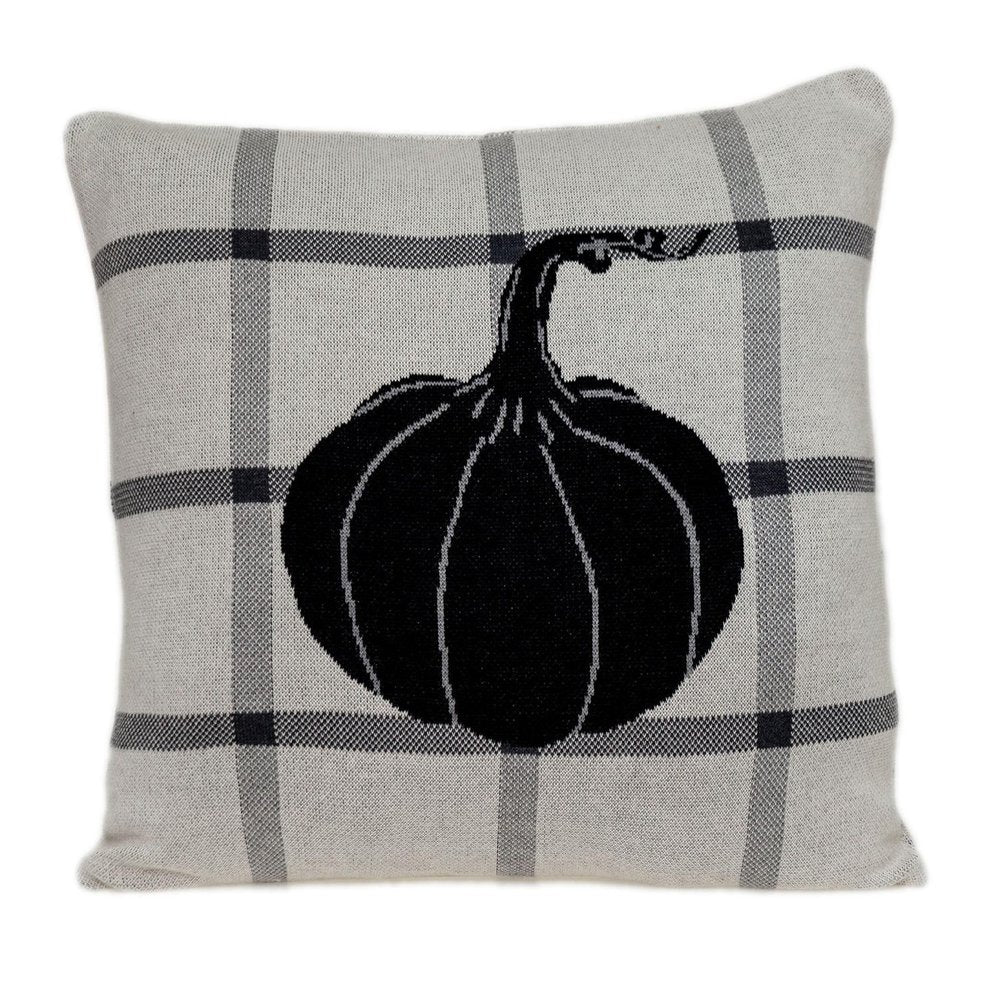 20" Gray And White Pumpkin Plaid Cotton Throw Pillow