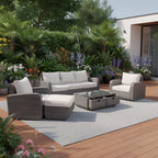 Five Piece Brown and Beige Wicker Sofa Seating Group With Table