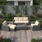 Five Piece Gray and Beige Wicker Sofa Seating Group With Table