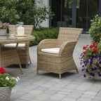 Set of Two Tan Textured Outdoor Dining Chairs with Beige Cushions