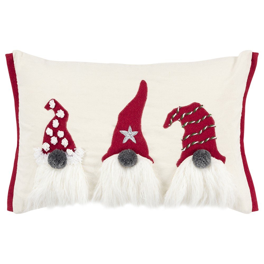 14" X 20" Red And Ivory Cotton Christmas Gnomes Throw Pillow With Embroidery