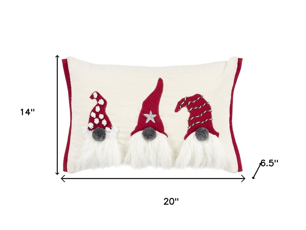 14" X 20" Red And Ivory Cotton Christmas Gnomes Throw Pillow With Embroidery