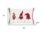 14" X 20" Red And Ivory Cotton Christmas Gnomes Throw Pillow With Embroidery
