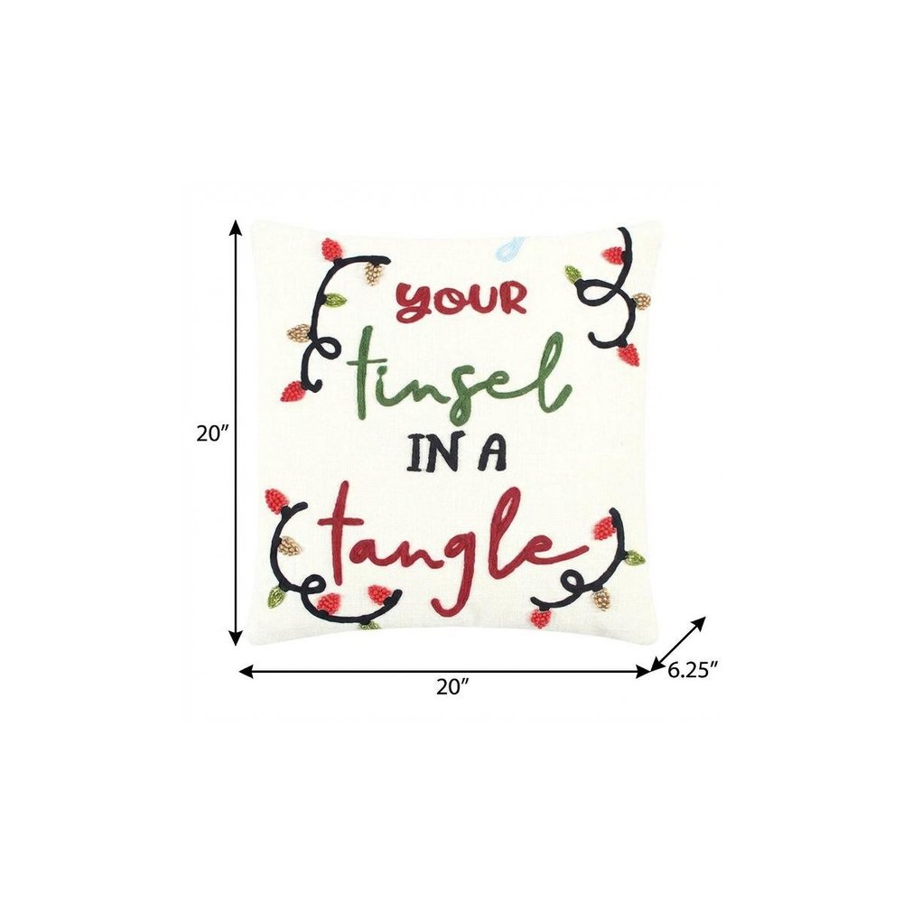 20" Ivory Christmas Cotton Throw Pillow with Embroidery