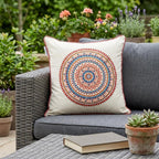 18" X 18" Beige and Blue Abstract Indoor Outdoor Throw Pillow