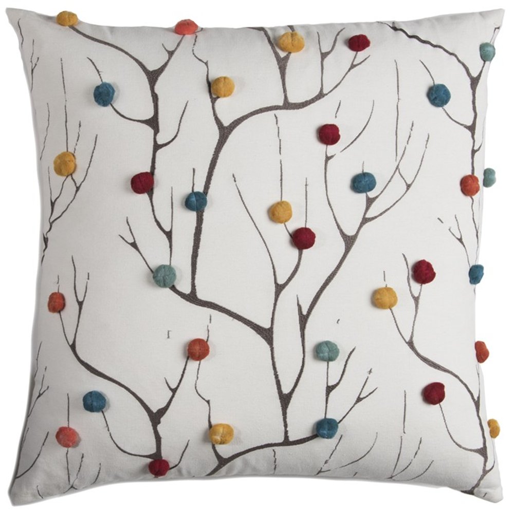 20" White And Black Coral Indoor Outdoor Throw Pillow With Pompoms