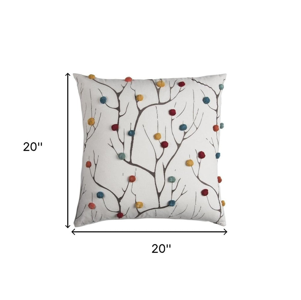 20" White And Black Coral Indoor Outdoor Throw Pillow With Pompoms