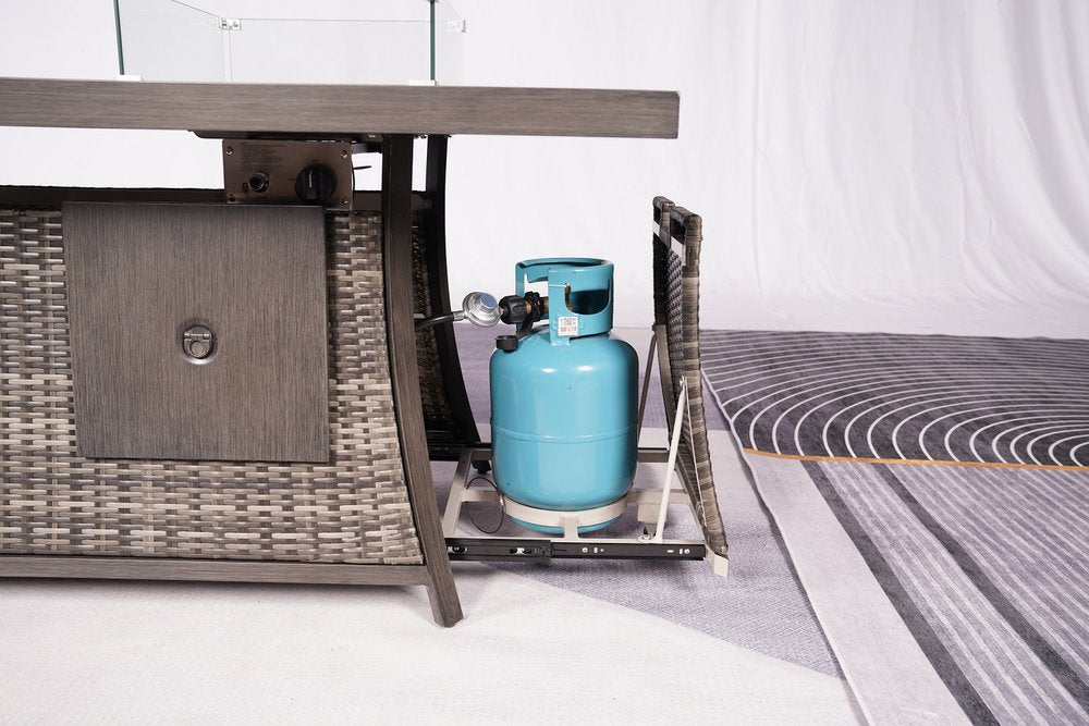 Seven Piece Gray Wicker Upholstered Cushions Sectional Seating Group With Fire Pit And Table