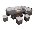 Eight Piece Gray Wicker Upholstered Cushions Sectional Seating Group With Fire Pit And Table