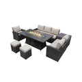 Seven Piece Brown Wicker Upholstered Cushions Sectional Seating Group With Fire Pit And Table