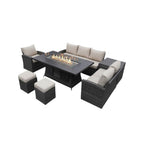 Seven Piece Brown Wicker Upholstered Cushions Sectional Seating Group With Fire Pit And Table