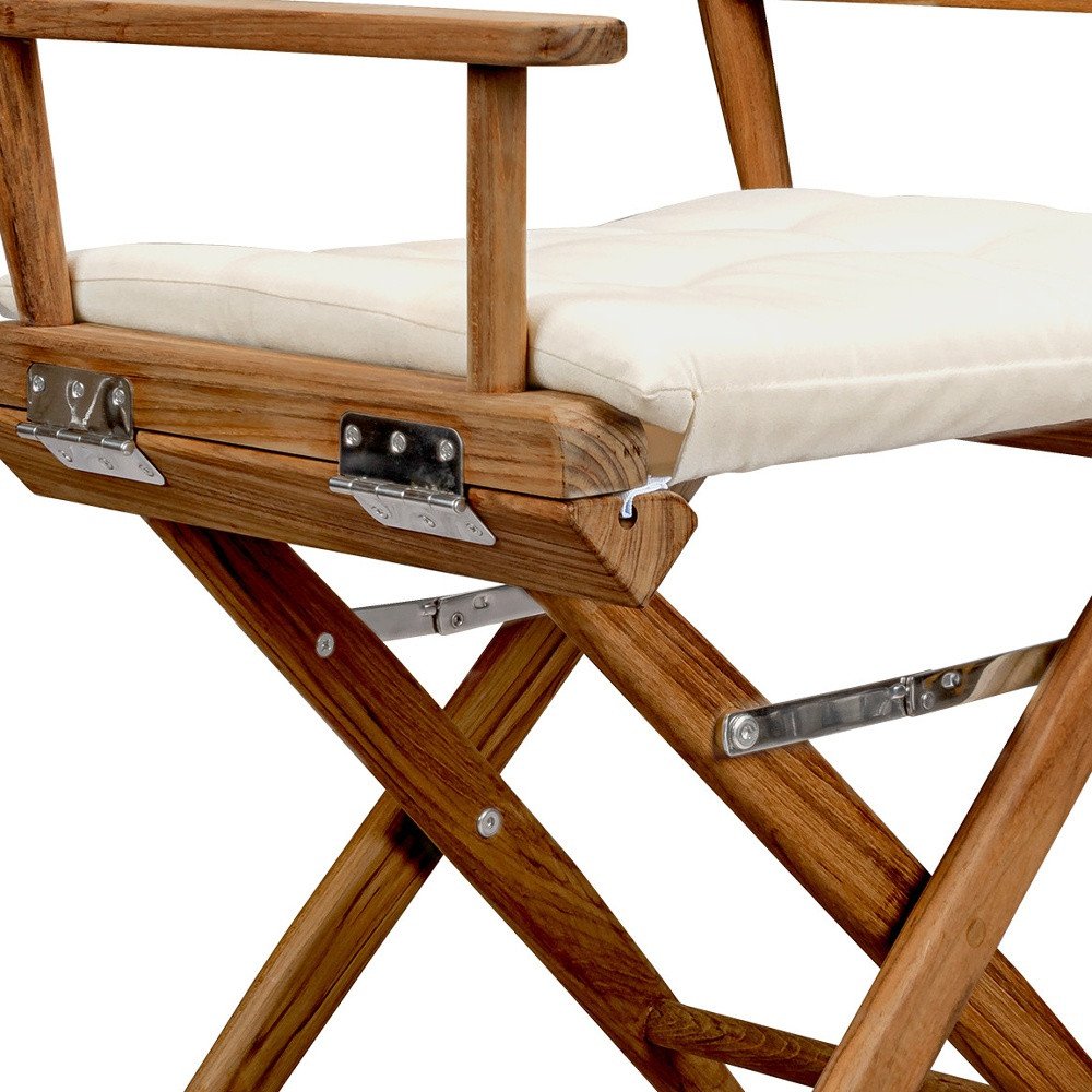 23" Natural Solid Wood Outdoor Folding Director Chair with Cream Cushion