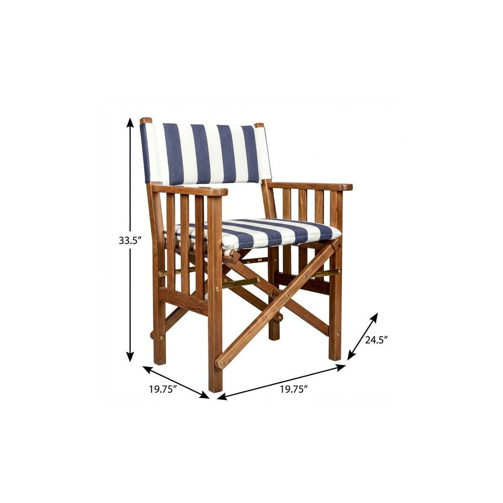 20" Blue and White and Natural Wood Solid Wood Indoor Outdoor Director Chair with Blue and White Cushion