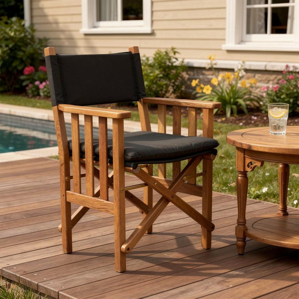 20" Black and Natural Wood Solid Wood Indoor Outdoor Director Chair with Black Cushion