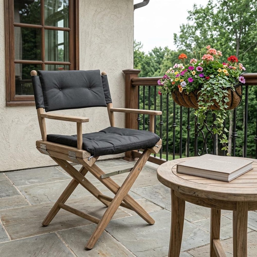 23" Black and Brown Solid Wood Indoor Outdoor Director Chair with Black Cushion