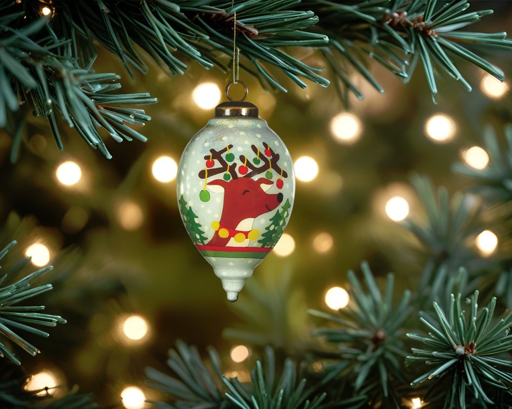 Festive Glitter Reindeer with Lights Hand Painted Mouth Blown Glass Ornament