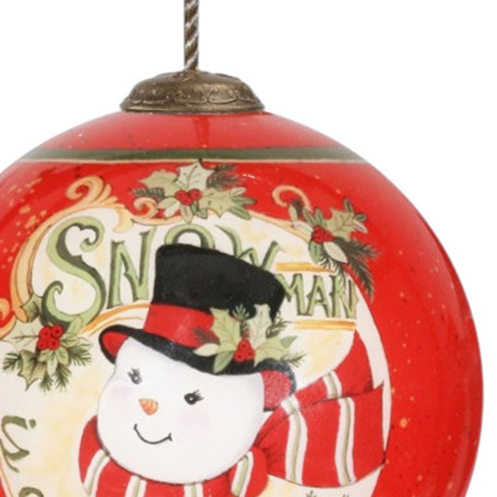 Festive Snowman on his way Hand Painted Mouth Blown Glass Ornament
