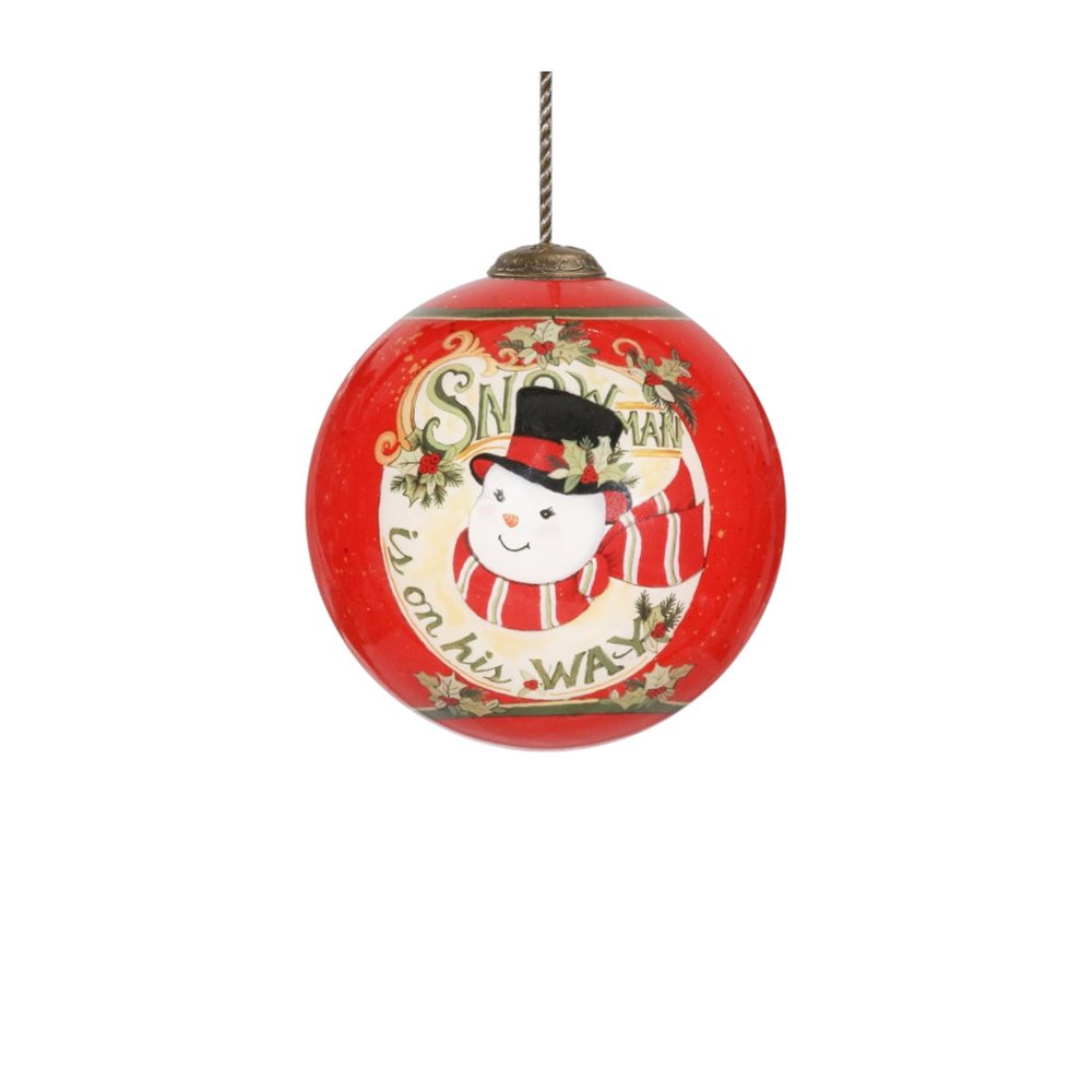 Festive Snowman on his way Hand Painted Mouth Blown Glass Ornament