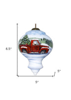 Red Farm Truck with Tree Hand Painted Mouth Blown Glass Ornament