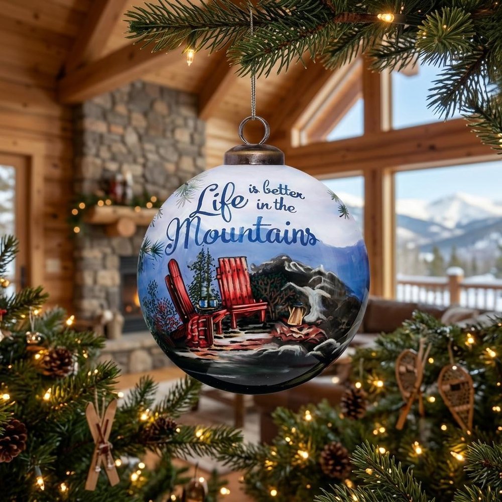 Scenic Life is Better in the Mountains Hand Painted Mouth Blown Glass Ornament