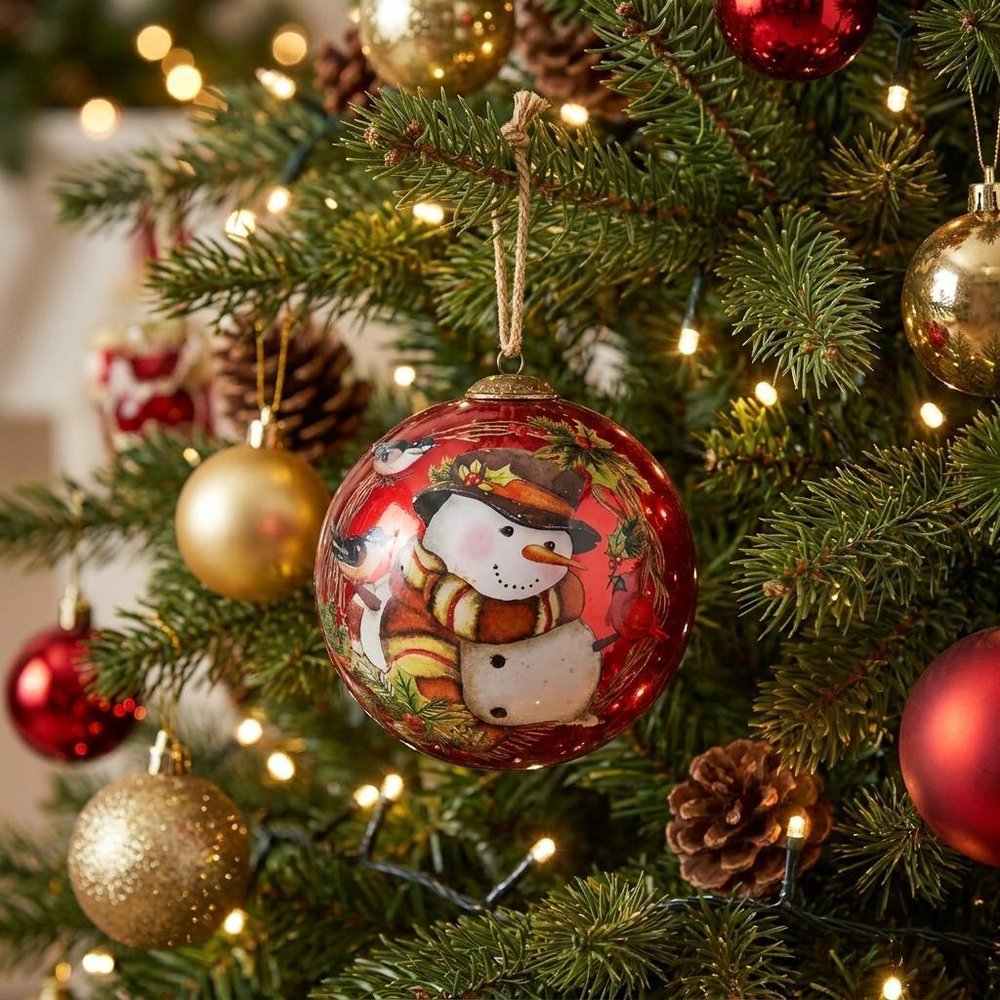 Winter Wreath Forest Snowman Hand Painted Mouth Blown Glass Ornament