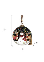 Snowman and Reindeer in Holiday Lights Hand Painted Mouth Blown Glass Ornament