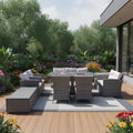 Nine Piece Gray Wicker Multiple Chairs Seating Group With Fire Pit And Table