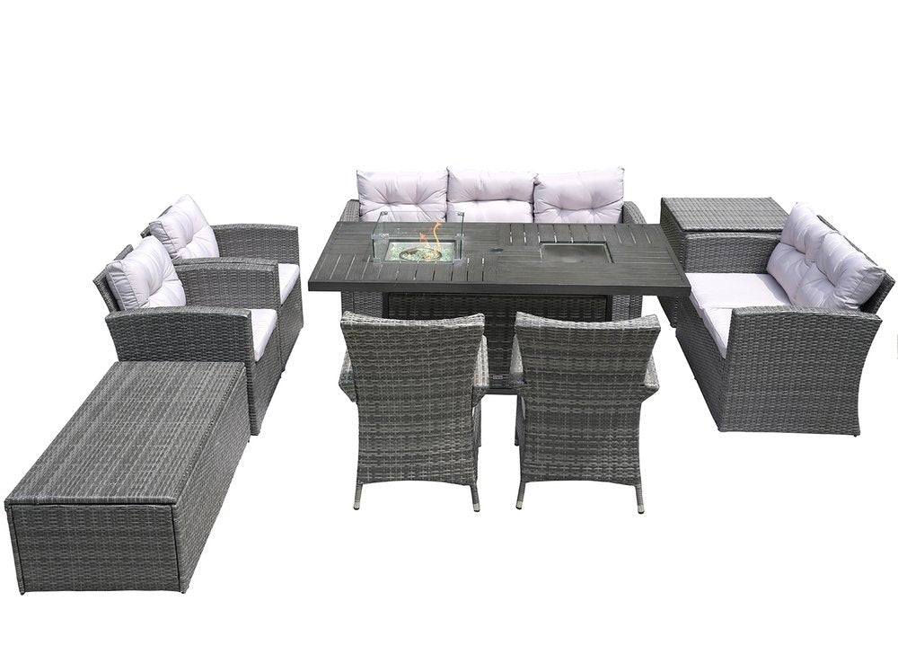 Nine Piece Gray Wicker Multiple Chairs Seating Group With Fire Pit And Table
