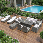 Twelve Piece Gray Wicker Multiple Chairs Seating Group With Fire Pit And Table