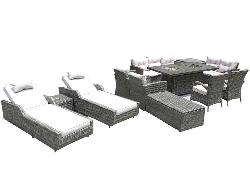 Twelve Piece Gray Wicker Multiple Chairs Seating Group With Fire Pit And Table