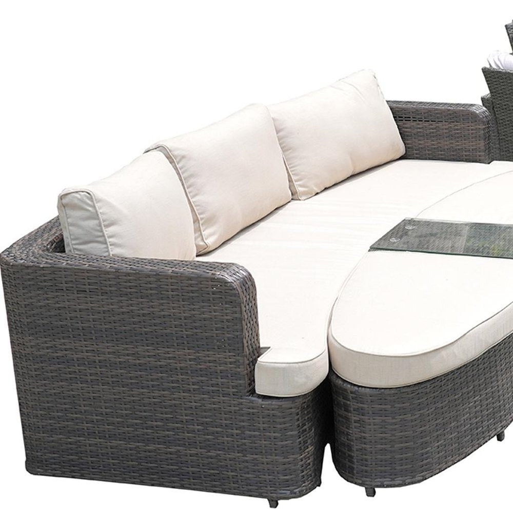 Eleven Piece Gray Wicker Multiple Chairs Seating Group With Fire Pit And Table
