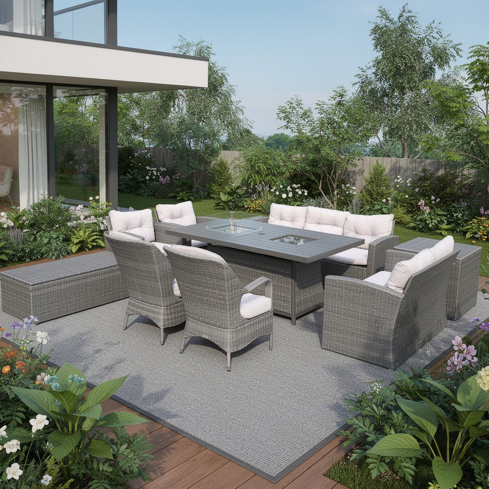 Ten Piece Gray Wicker Multiple Chairs Seating Group With Fire Pit And Table