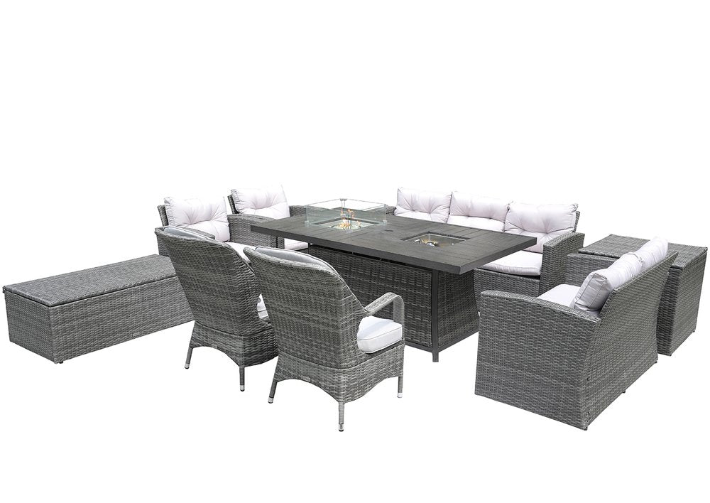 Ten Piece Gray Wicker Multiple Chairs Seating Group With Fire Pit And Table
