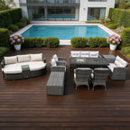 Eleven Piece Gray Wicker Multiple Chairs Seating Group With Fire Pit And Table