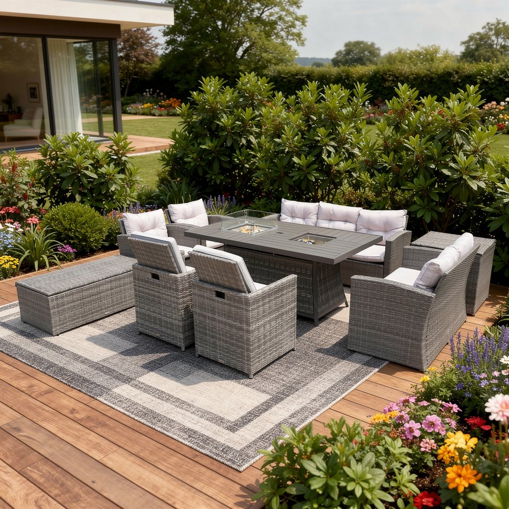Nine Piece Gray Wicker Multiple Chairs Seating Group With Fire Pit And Table