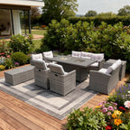 Nine Piece Gray Wicker Multiple Chairs Seating Group With Fire Pit And Table