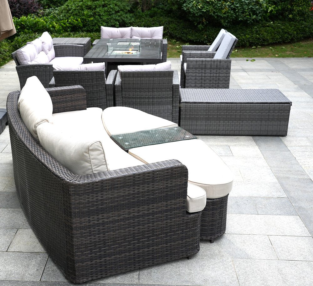 Ten Piece Gray Wicker Multiple Chairs Seating Group With Fire Pit And Table
