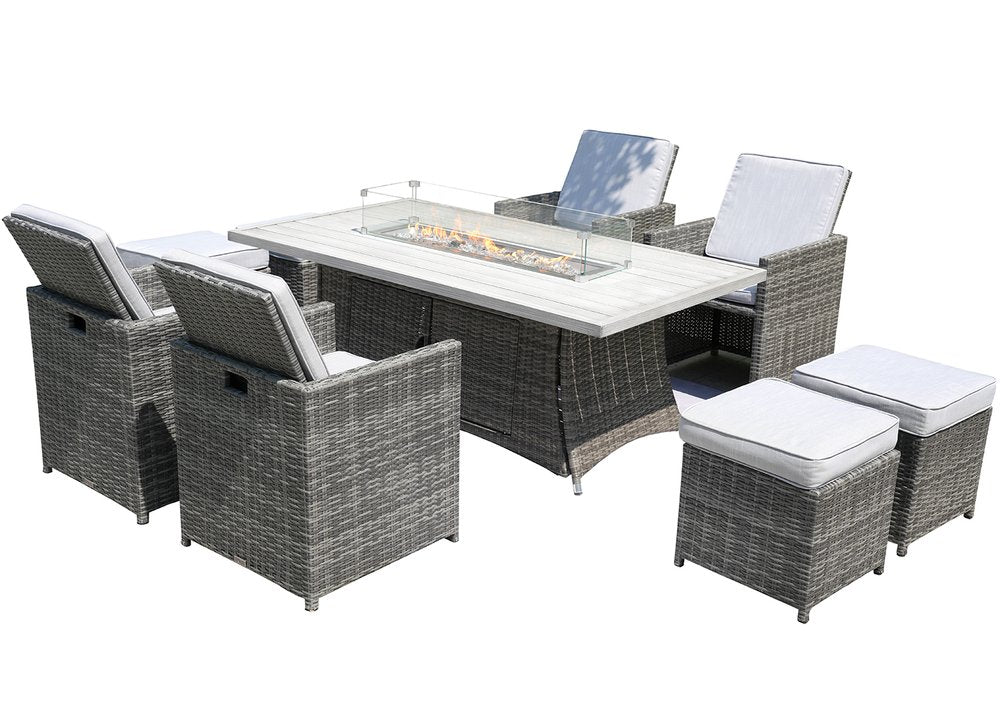 Nine Piece Gray Wicker Multiple Chairs Seating Group With Fire Pit And Table