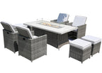 Nine Piece Gray Wicker Multiple Chairs Seating Group With Fire Pit And Table