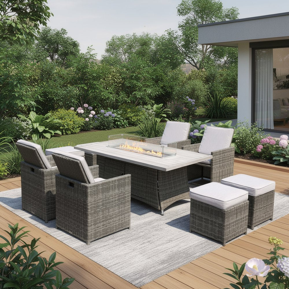 Nine Piece Gray Wicker Multiple Chairs Seating Group With Fire Pit And Table