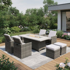 Nine Piece Gray Wicker Multiple Chairs Seating Group With Fire Pit And Table