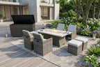 Ten Piece Outdoor Gray Wicker Multiple Chairs Seating Group Fire Pit Included with White Cushions