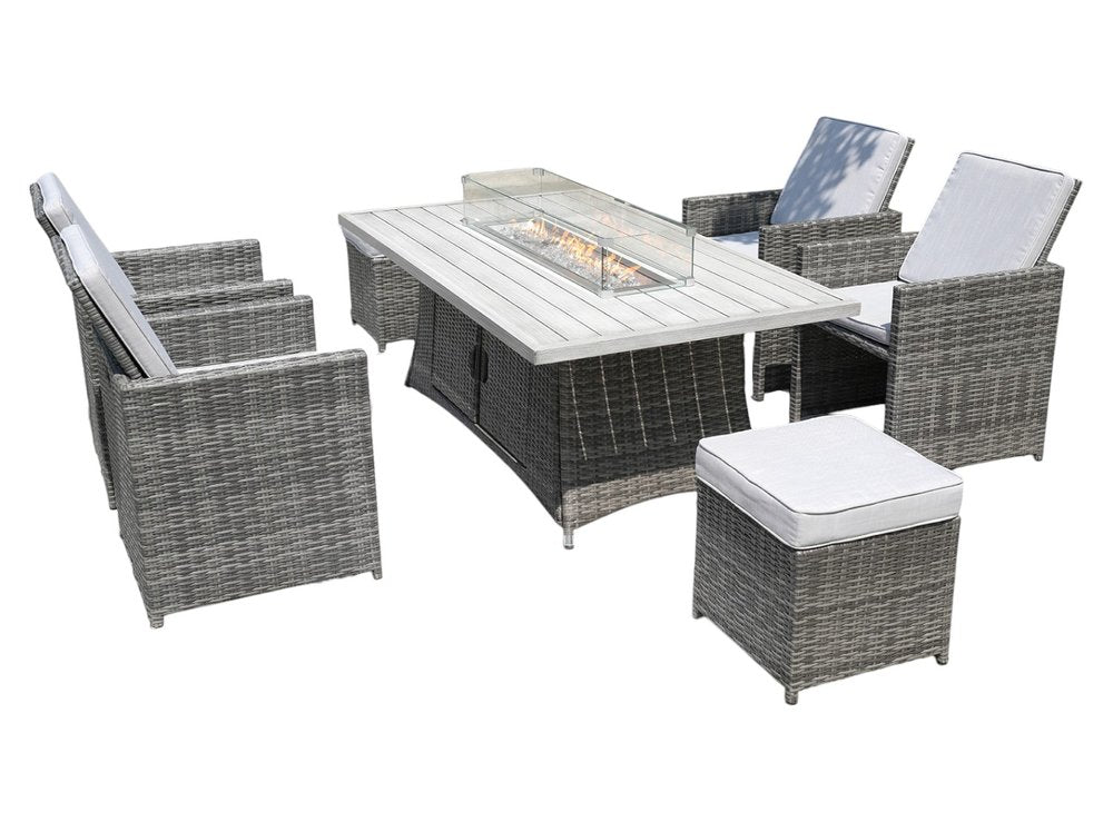 Seven Piece Gray Wicker Multiple Chairs Seating Group With Fire Pit And Table