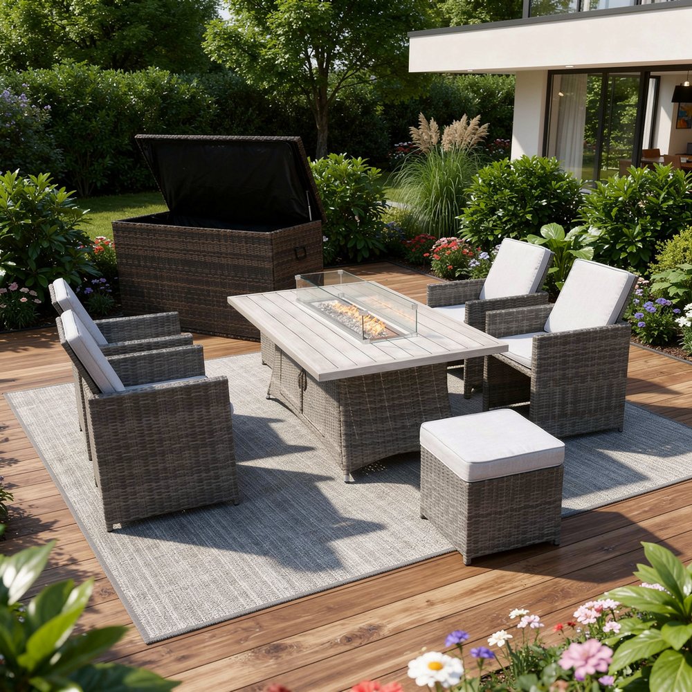 Ten Piece Gray Wicker Multiple Chairs Seating Group With Fire Pit And Table